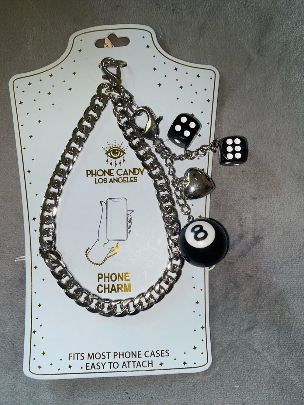 BNWT Phone Candy Los Angeles Silver Chain Phone Charm with Black 8-Ball and Dice